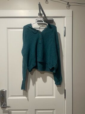 Free People Teal Hooded Button Pullover Sweater size large